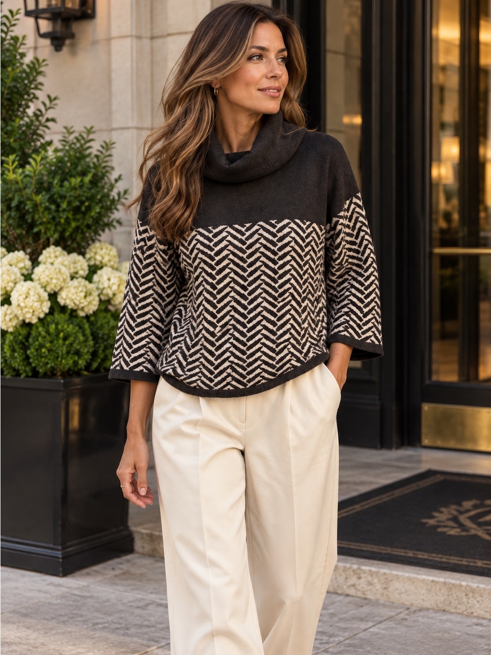 MARBLE Cotton Cowl Neck Sweater Black Cream Geometric 3/4 Sleeve Small